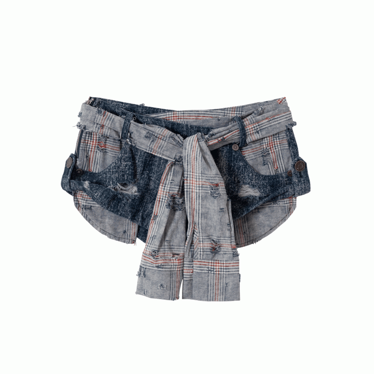 Y2K Blue Low Waist Distressed Holes Punk Bodycon Shorts with Detachable Sleeves