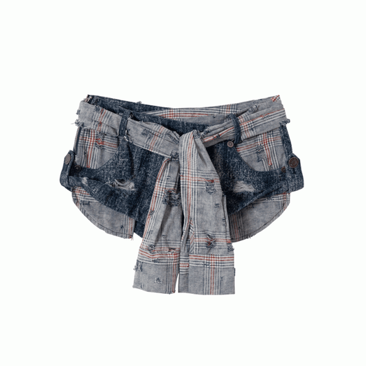 Y2K Blue Low Waist Distressed Holes Punk Bodycon Shorts with Detachable Sleeves