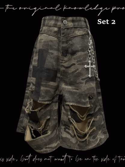 Camouflage Distressed Holes Wasteland Punk Wide-Leg Shorts