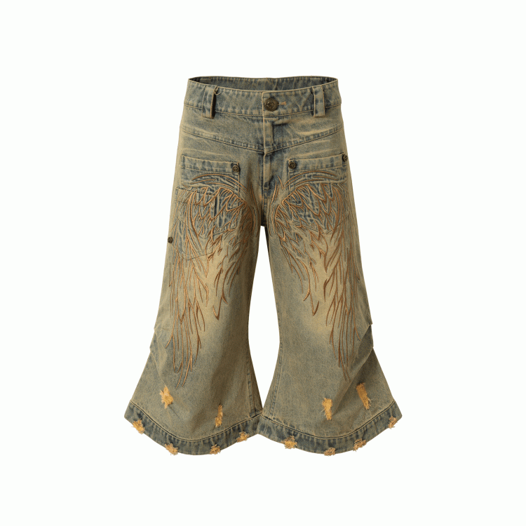 Blue/Yellow Faded Wash Distressed Holes Angel Wing Embroidery Vintage Punk Wide-leg Jeans