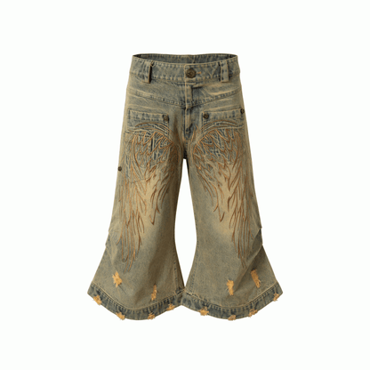 Blue/Yellow Faded Wash Distressed Holes Angel Wing Embroidery Vintage Punk Wide-leg Jeans