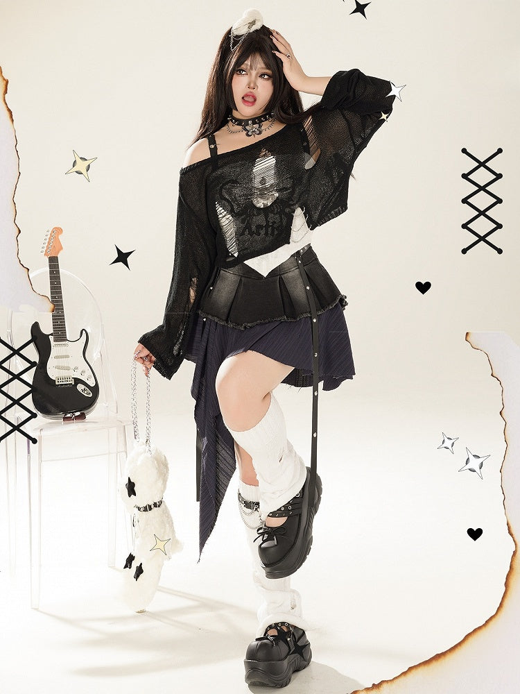 Plus Size PU Straps Decorated Y2K Black Asymmetrical Tiered Skirt