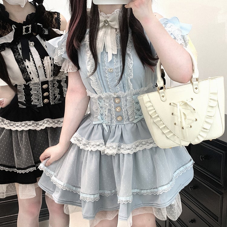 Jirai Kei Black/White/Red/Light Blue Open Shoulder Sweetheart Buttons Lace Trim Blouse