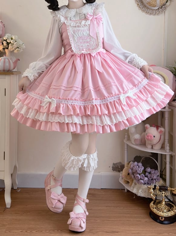 Teddy and Cake Embroidery Bodice Pink Sweet Lolita Dress