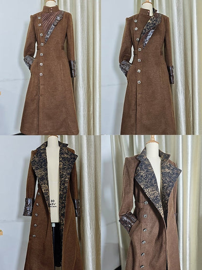 Ouji Fashion Coffee Convertible Collar Lolita Woolen Coat with Leather Accents