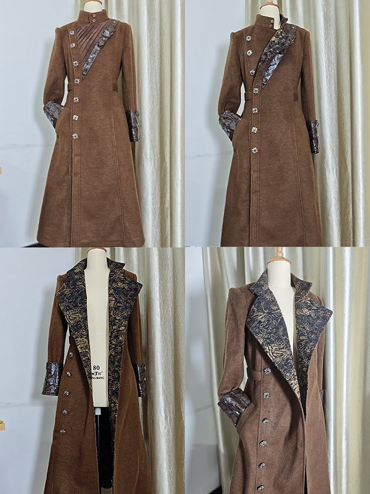 Ouji Fashion Coffee Convertible Collar Lolita Woolen Coat with Leather Accents