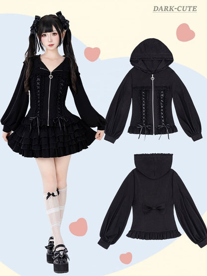 Autumn & Winter Jirai Kei Black Zip-up Hoodie with Ruffle Accents and Criss-cross Ribbon