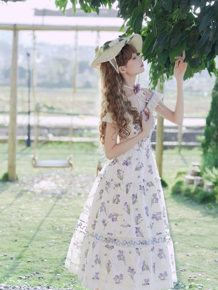 Purple Iris Embroidery Beige Off-the-shoulder Neckline Jumper Skirt