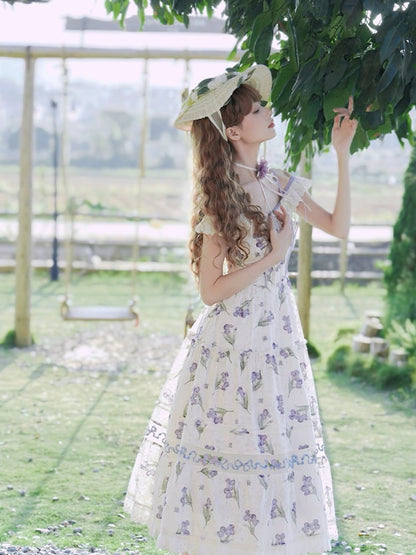 Purple Iris Embroidery Beige Off-the-shoulder Neckline Jumper Skirt