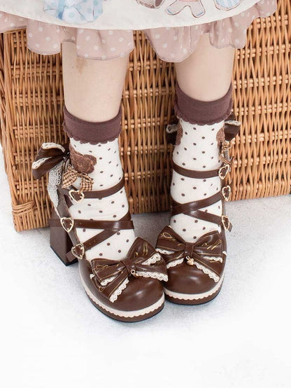 Brown Crisscross Design Heart Buckles Detachable Bow at Top High Block Heels