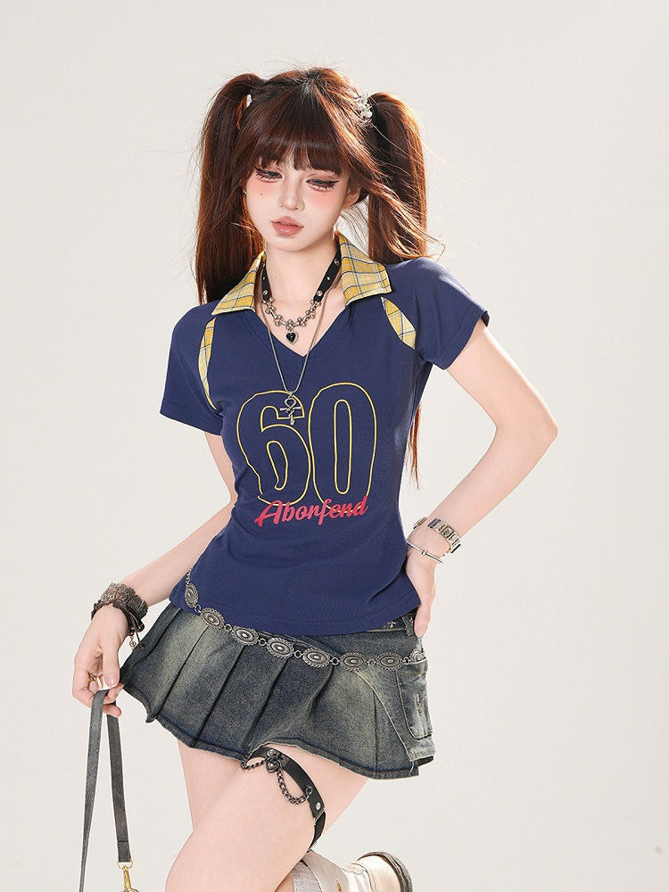 Plaid Polo Collar Number Print Black/Navy Blue Slim-fitting T-shirt