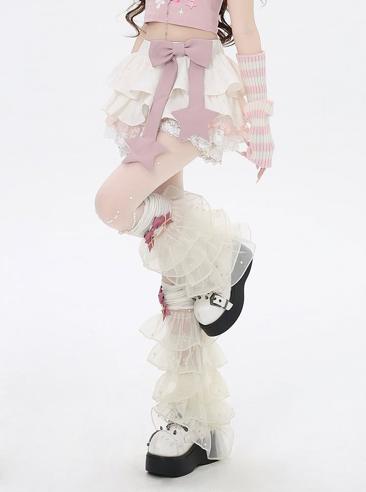 Pink Big Bow Apricot Allover Bowknot Print Lace Trim Lined Tiered Skirt