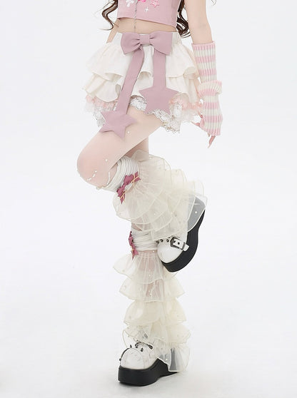 Pink Big Bow Apricot Allover Bowknot Print Lace Trim Lined Tiered Skirt