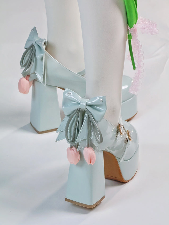 High Block Heel Sweet Green Mary Janes in PU - Removable Tulip Accent Bow with Bead-Embellished Clasp