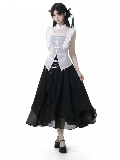 White Banded Collar Cheongsam Style Knot Buttons Flutter Sleeves Coverup