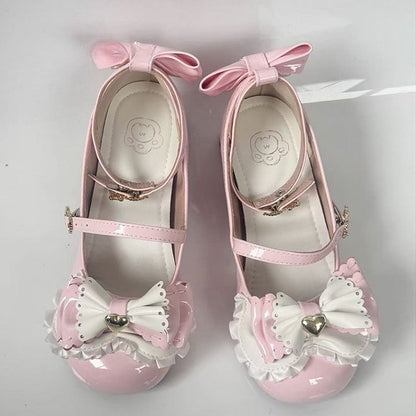 Sweet Lolita Pink Mary Janes - Bear-shaped Heel with Layered Bows at Top & Teddy Bear Decor Buckle