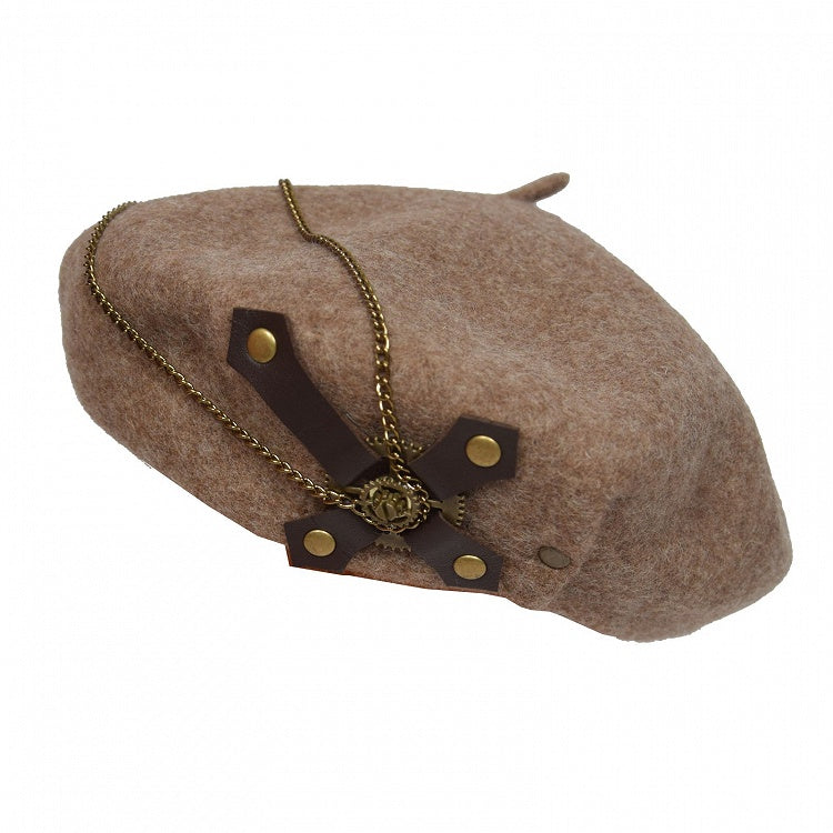 Chains Decorated Light Brown Steampunk Beret