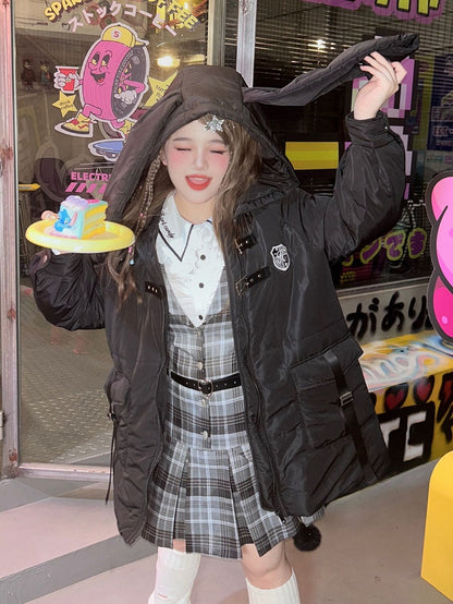 Plus Size - White Long Sleeves Shirt / Gray Plaid Dress Box Pleat Skirt