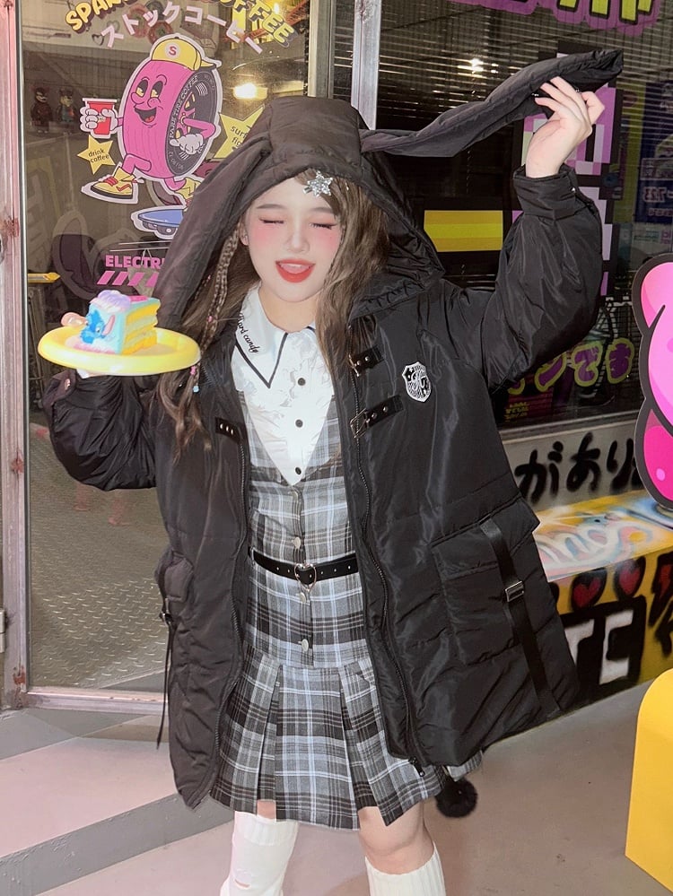 Plus Size - Black Bunny Ears Hooded Puffer Jacket