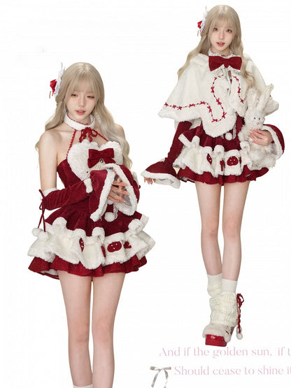 Cozy Bunny-Eared White Winter Hooded Cape with Christmas Red Bow Accents
