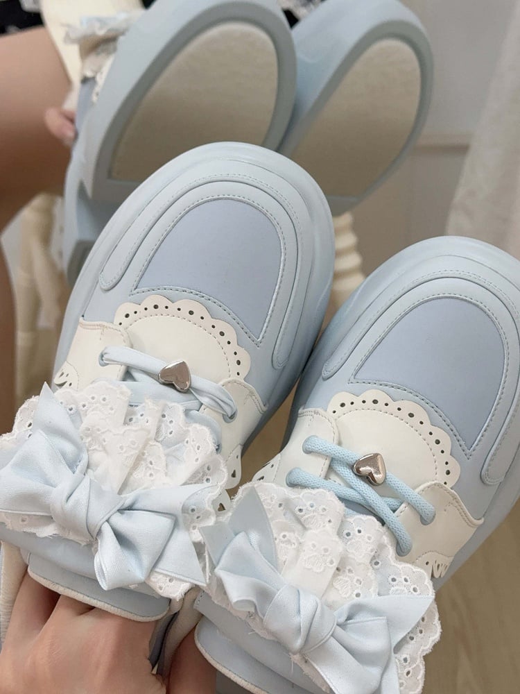 Blue Jirai Kei Detachable Bowknot Lace Trim Front Lace-up Ties Sneakers