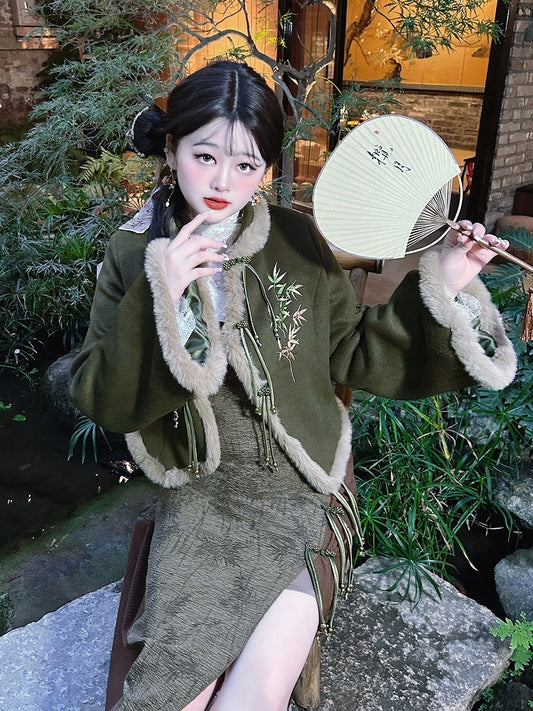 Plus Size Bamboo leaves Embroidery Green Coat Plush Trim