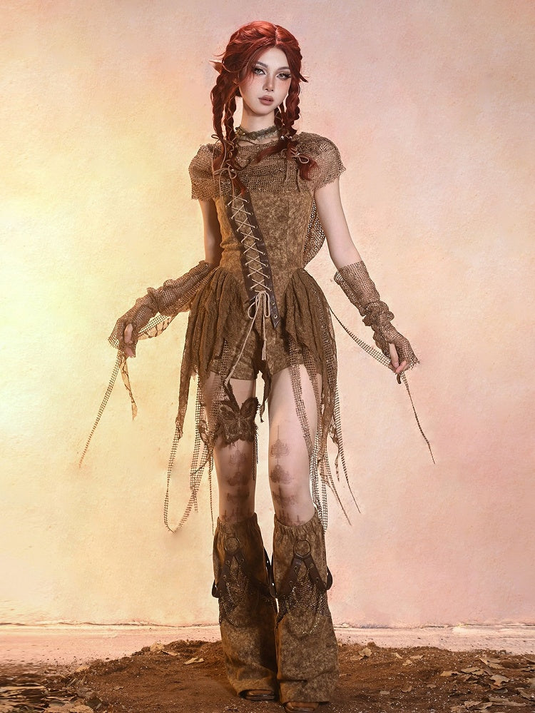 Y2K Retro Vintage Distressed Asymmetrical Denim Bustier Top – Summer Essential in Desert Dunes