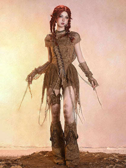 Y2K Retro Vintage Distressed Asymmetrical Denim Bustier Top – Summer Essential in Desert Dunes