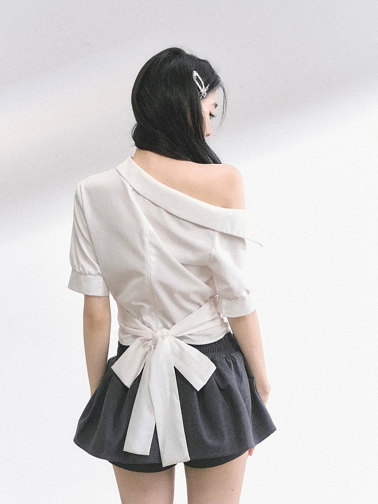 White Asymmetrical Neckline T-shirt Self-tie Bow at Back