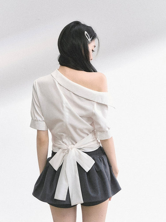 White Asymmetrical Neckline T-shirt Self-tie Bow at Back