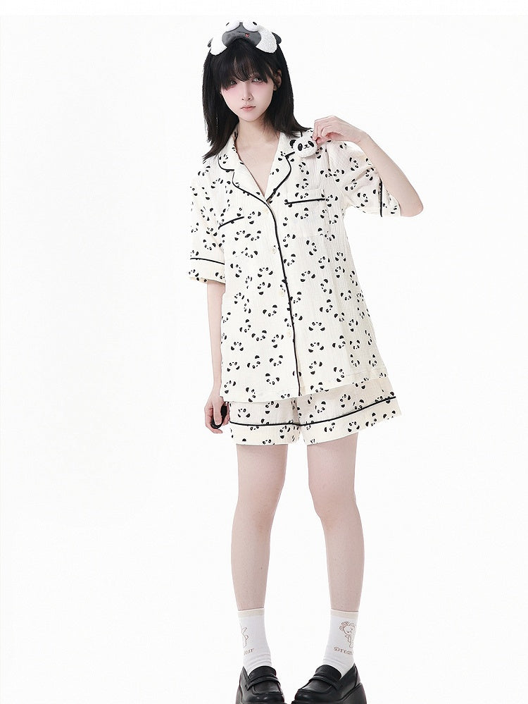 Beige Scalloped Edge Collar Allover Panda Print Shirt + Elastic Waist Shorts Pajamas Set