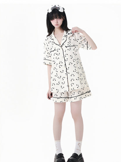 Beige Scalloped Edge Collar Allover Panda Print Shirt + Elastic Waist Shorts Pajamas Set