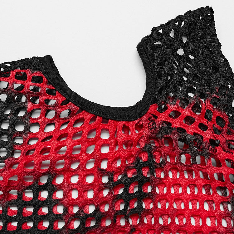 Black and Red Punk Tie-dyed Mesh Short Sleeve T-shirt