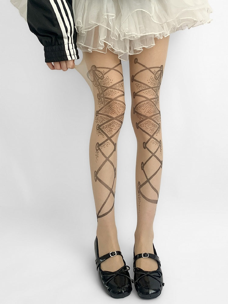 Nude Lace-up Straps Print Tights