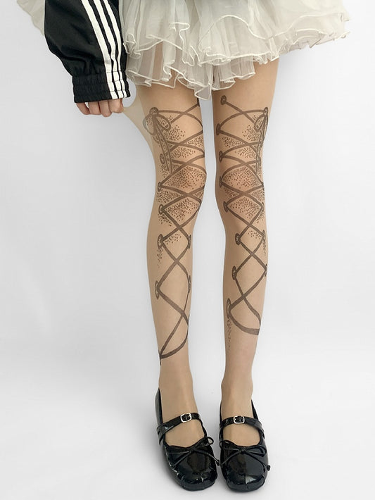 Nude Lace-up Straps Print Tights