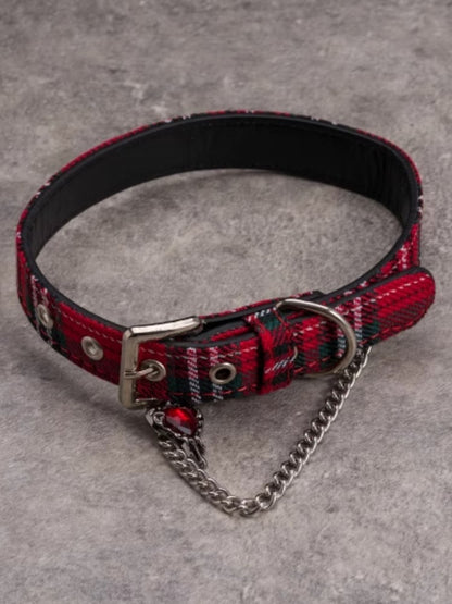 Red&Green Gothic Rhinestone Heart And Chain Pendant Plaid Choker