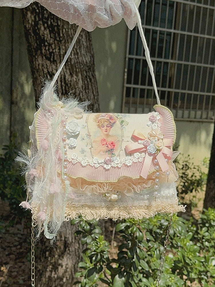 Light Pink Floral Design Feather Decorated Shoulder Bag