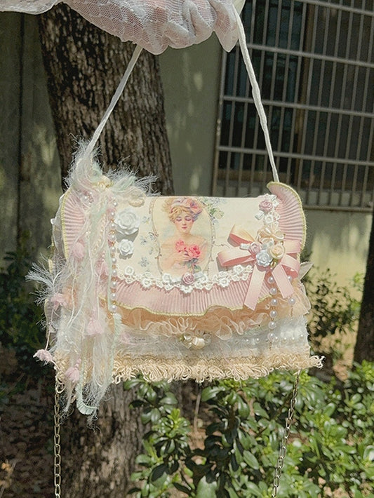 Light Pink Floral Design Feather Decorated Shoulder Bag