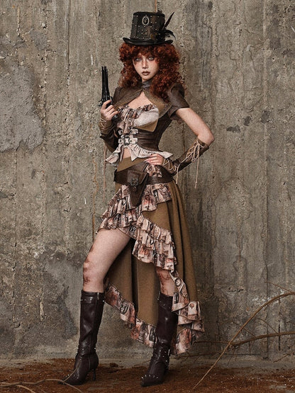 Brown Steampunk Retro Oil Painting Print High-low Skirt Cascading Ruffle Trim