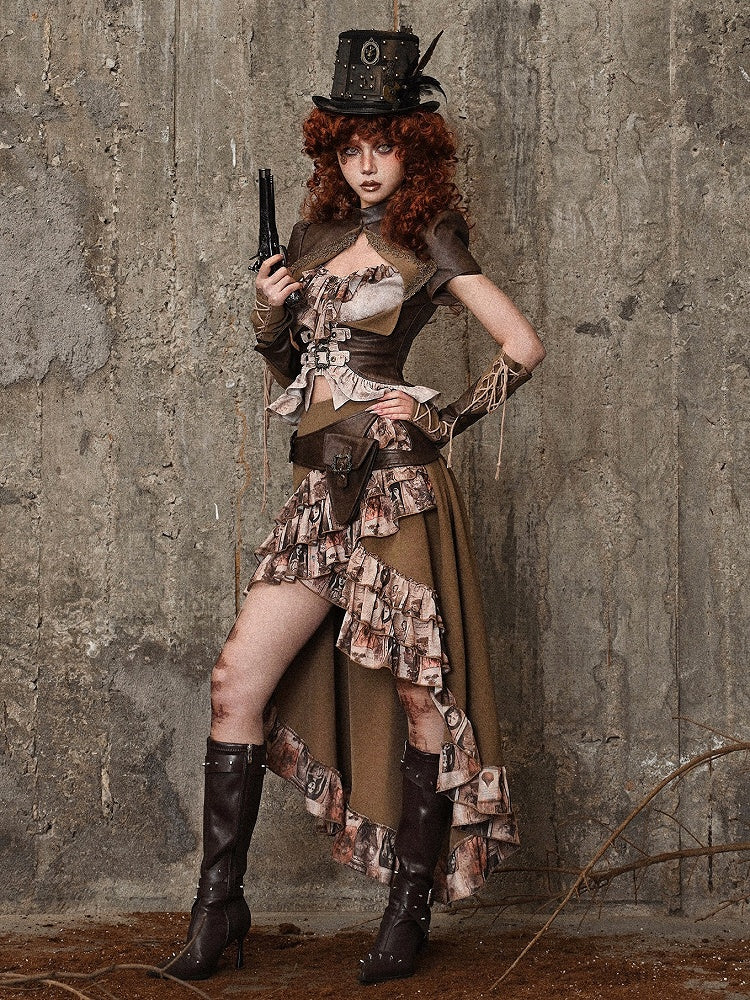 Brown Steampunk Retro Oil Painting Print High-low Skirt Cascading Ruffle Trim