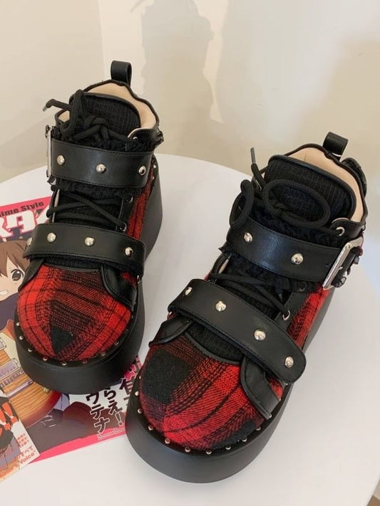Multi-Strap Design, Plaid Pattern & Studs Details Black & Red Platforms in Gothic