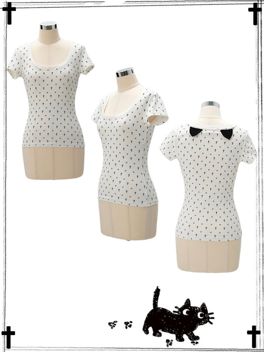 Pastel Gothic White Allover Cross and Cat Paw Print Cat Ears Detail at Back T-Shirt