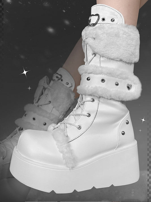 Heart Buckle Plush Trim White Y2K Platform Boots