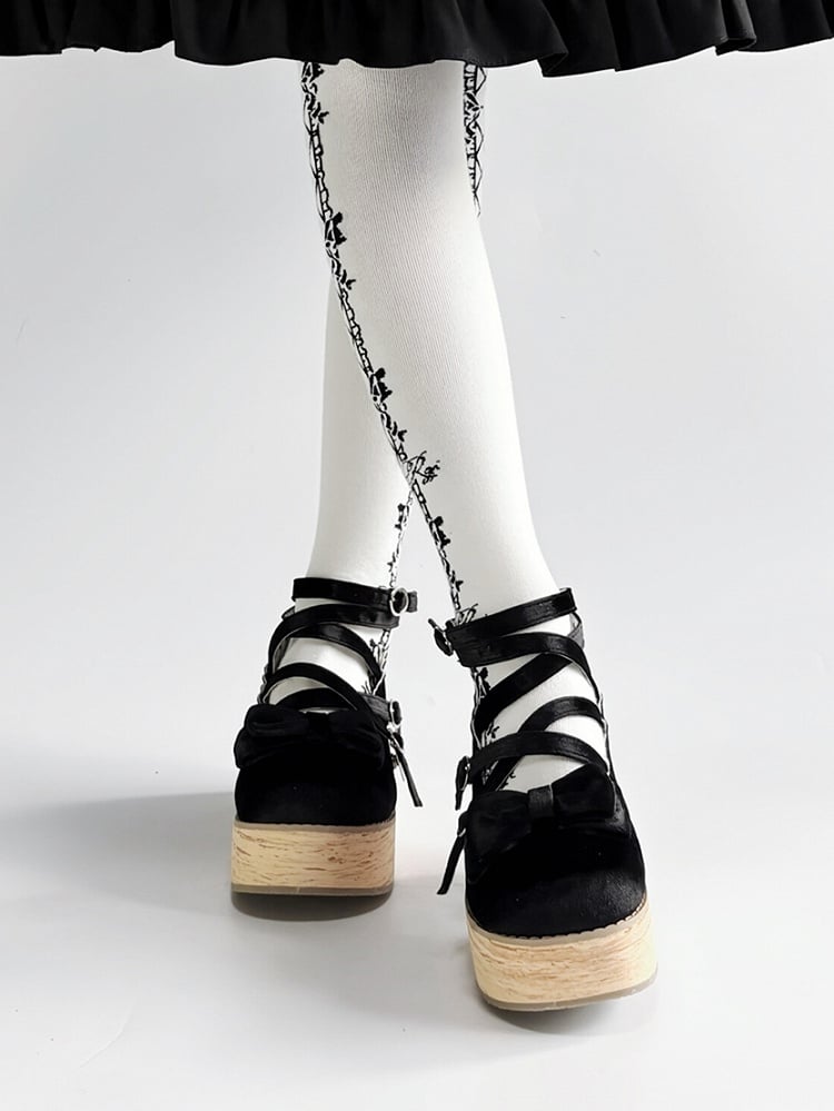 Bow Embellishments & Crisscross Design Velvet Black Platform Shoes in Sweet Lolita