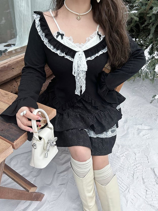 Plus Size Black Fake Two-piece Design Ruffle Trim V-neck Long Sleeves Top