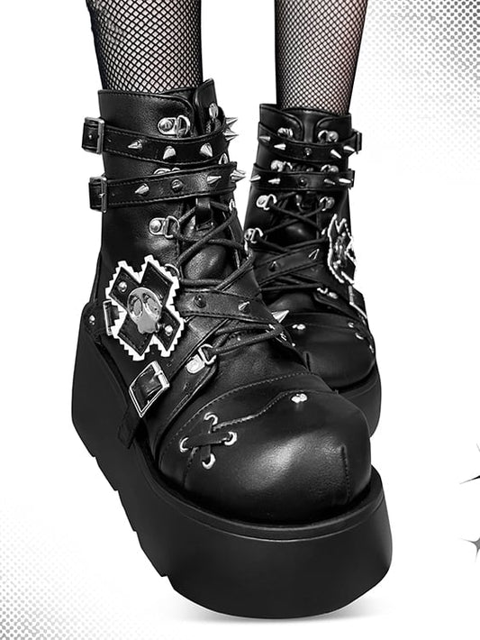 Metal Skull Matte Black Punk Wedge Platform Boots Spike Stud Detailing
