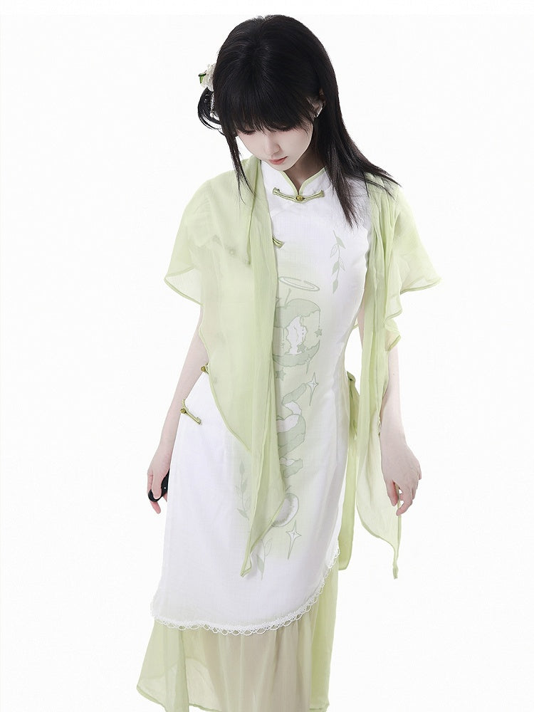 Green Apple Print Cheongsam Style Banded Collar Knot Buttons Qipao Dress