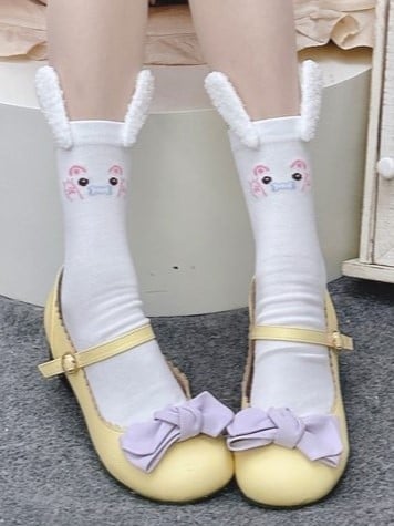White Bunny Print Calf Socks With Bunny Ears