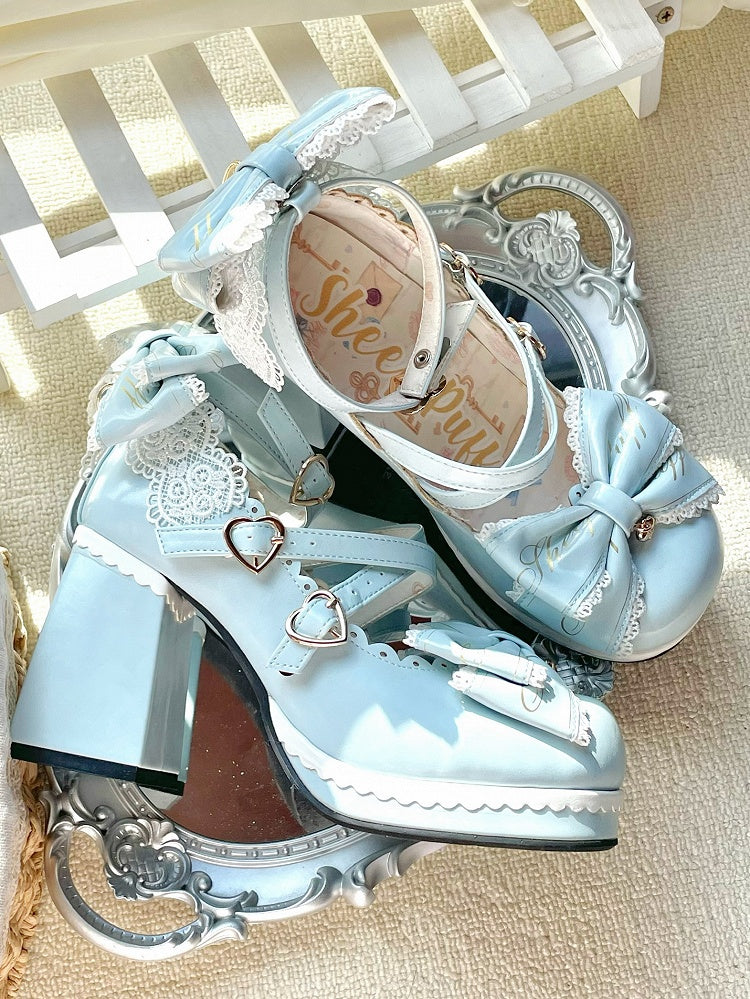 Blue Crisscross Design Heart Buckles Detachable Bow at Top High Block Heels