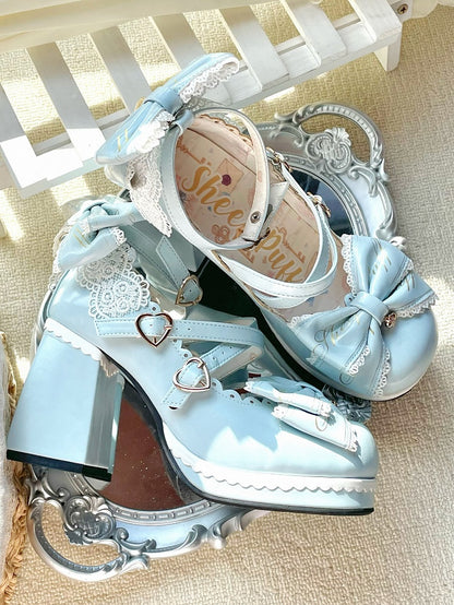 Blue Crisscross Design Heart Buckles Detachable Bow at Top High Block Heels